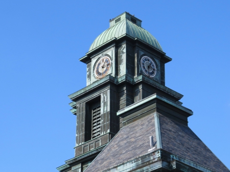 The Clock Tower On Time - sky, building, wood window, tower, time, slate, nature, roof, architecture, clock