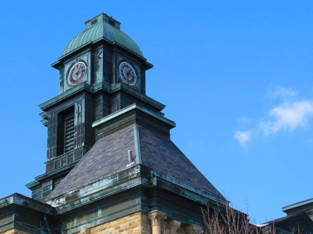 The Faces of Time - nostalgic, clock, ohio, window, time, blue, tower, sky, architecture, building, roof, slate