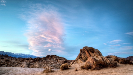 beautiful soft sky over desert hdr - sky, rocks, brush, clouds, desert, hdr