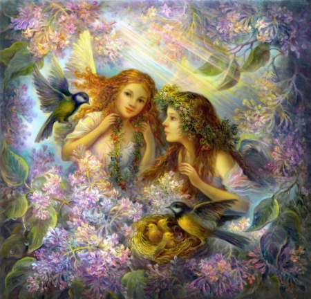 CARING ANGELS - BIRDS, WINGS, CHICKS, NEST, FEMALES, ANGEL, FLOWERS