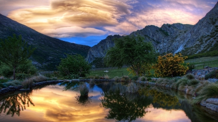 The Farm Of Eden - sky, trees, mountain, reflection, beautiful, clouds, twilight, lagoon, pond, grass