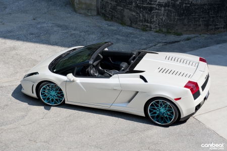 Lamborghini-Gallardo - bluw wheels, sports car, white, lambo