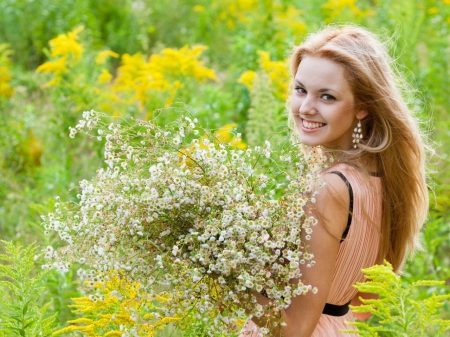 Summer Girl Smiling - girl, mood, smile, flowers, blonde, model