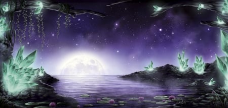 MOONRISE BAY - moon, stars, sky, water, night, bay, moonrise, plants, purple, green