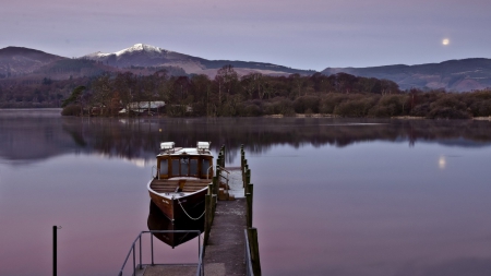 tranquill lake under a moon - moon, boat, tranquill, lake, dock