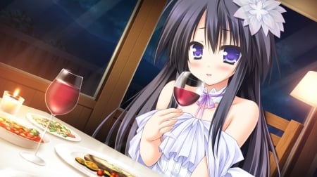 Wanna Join Me - gown, glasses, hungry, happy, maiden, dinner, beautiful, hot, plate, anime girl, girl, ribbon, elegant, lady, gorgeous, table, food, pretty, kawaii, beauty, sweet, anime, dress, cut, long hair, nice, lovely, sexy, smile, black hair, female