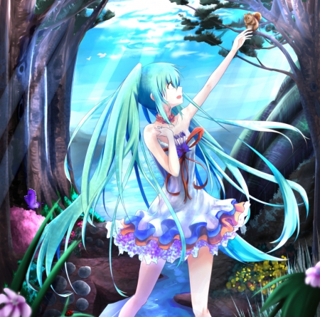 Nature Call - nice, female, squirrel, twintail, anime girl, miku hatsune, pretty, cloud, anime, plant, miku, ribbon, twin tail, scene, hatsune miku, scenic, girl, light, long hair, gown, lovely, nature, hatsune, vocaloids, twin tails, vocaloid, scenery, sweet, green hair, dress