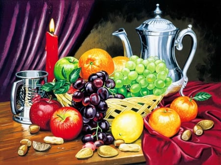 Still life - pretty, grape, nuts, beautiful, candle, flame, still life, flowers, colorful, apples, painting, fruits, art, lemon