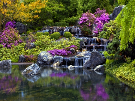 Water cascades in park - trees, paradise, greenery, waterfall, fall, pretty, reflection, grass, garden, pond, cascades, park, summer, lovely, bushes, forest, beautiful