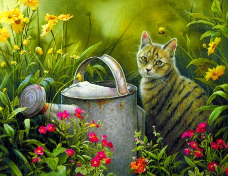 Sabrina's garden - flowers, garden, painting, cat, water can