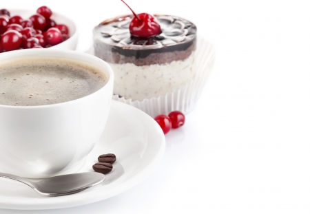 Coffee and Cake - cups, cherries, drinks, coffee, cherry, drink, white, cakes, coffee beans, cake, cup