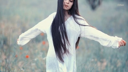 brunette in a white shirt - brunette, field, model, shirt