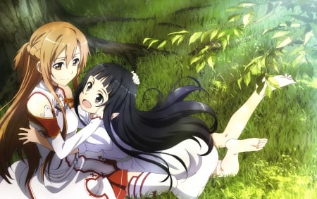 Sword Art Online - pretty, anime, kawaii, female, dress, long hair, yui, happy, yuuki, sword art online, sao, nice, hug, anime girl, asuna, girl, yuuki asuna, lovely, brown hair, sweet, knight, smile, black hair, asuna yuuki, cute