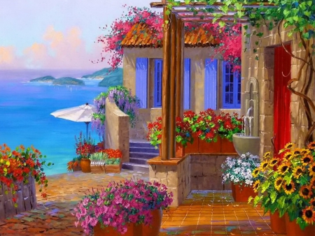 Ocean view - sky, ocean, shore, coast, painting, view, art, town, umbrella, house, flowers, sea