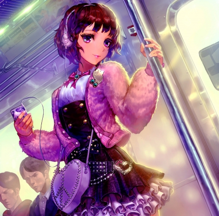 Maiden - nice, beauty, fur, hot, anime girl, elegant, fantasy, angelic, gorgeous, pretty, maidebn, anime, blouse, fantasy girl, cute, short hair, lady, sexy, skirt, bag, lovely, divine, jacket, hd, kawaii, headphones, sublime, beautiful, sweet, dress, pole