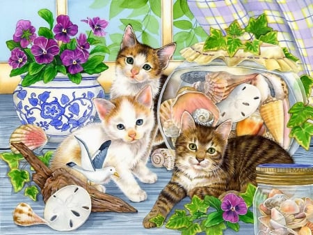 Seaside memories - kittiwes, cute, beautiful, violets, kittens, adorable, cats, pot, pretty, company, memories, flowers, sweet, window, seaside, art, pets, jar, room, home, friends, house, painting, seashells