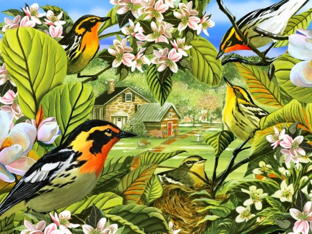 Blackburnian warblers - blossoms, birds, spring, leaves, flowering, scent, garden, blackburn, art, cottage, house, trees, beautiful, fragrance, freshness, blooming, village, colorful, painting, warblers