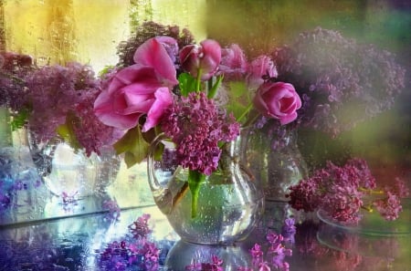 Still life - nice, delicate, water, tulips, room, bouquet, still life, spring, pretty, reflection, window, lilac, harmony, drops, rain, wet, tender, serenity, vase, wall, beautiful, flowers