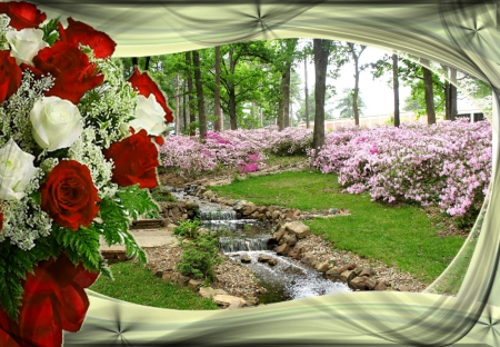 Garden Water Fall - water fall, white rose, trees, flowering bush, rocks, red rose