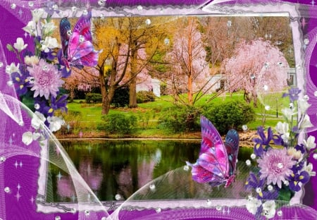 House by the lake. - butter flys, lake, trees, blossom, house, rose