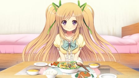 Yummy Foods - nice, female, twintail, delicious, anime girl, pretty, anime, food, ribbon, twin tail, cute, girl, twintails, long hair, lovely, hd, kawaii, twin tails, sweet, plate, dress