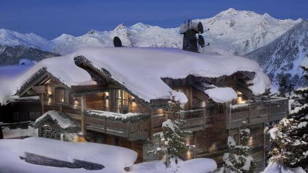 lodge in the ski resort of courchevel france - lodge, dawn, winter, mountains, resort