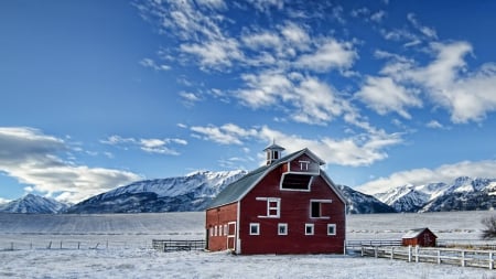 beautiful red barn on a farm in winter - barm, farm, fence, mountain, red, winter