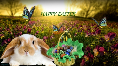 Happy Easter - rabbit, butterfiles, spring, flower, Easter, happy