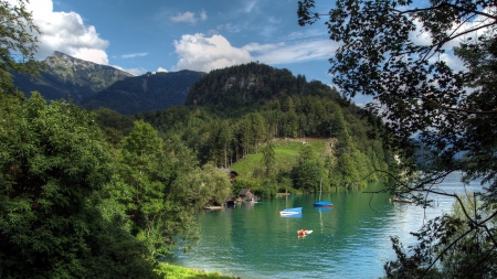 gorgeous lake wolfgangseein austria - boats, boathouses, lake, forest, mountains