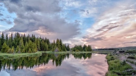 mirror like river - river, cluds, frest, reflection, glass