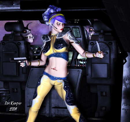 Space Air Marshall or Alien in the Cockpit - woman, alien, gun, scifi, science fiction