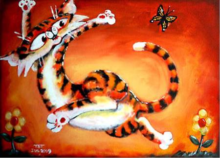 Playful Kitty - butterfly, tiger, flowers, cat, art