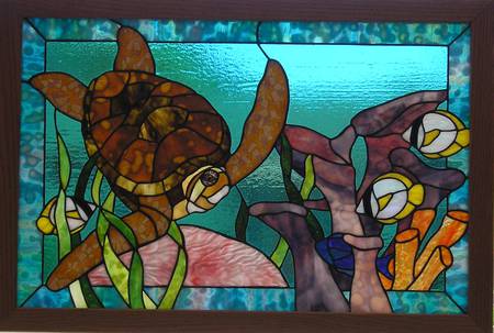 Turtle Swim - flowers, turtle, reeds, pond, art