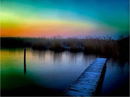 Rainbow Sky - lake, rainbow sky, evening, pier, art