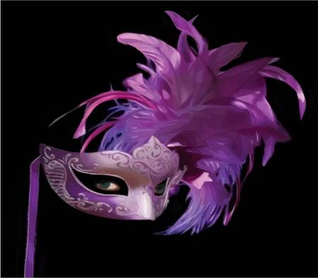 Mysterious Mask - feathers, ornate face mask, eyes, shades of purple