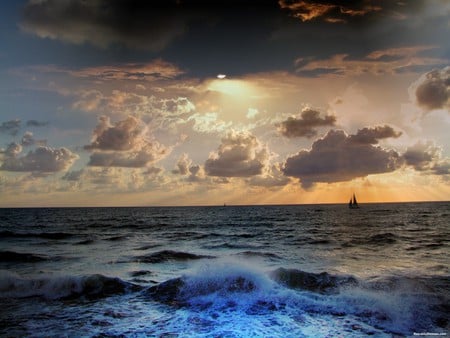 Ocean Waves - clouds, sailboat, waves, ocean, art, sky