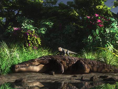 Mr Crocodile - crocodiles, art, trees, reflection, water, flowers, grass