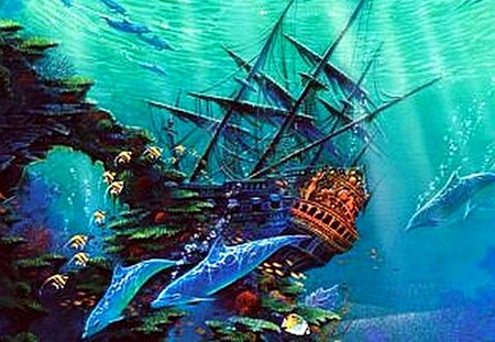 Dolphin Shipwreck - shipwreck, dolphins, ocean, animals