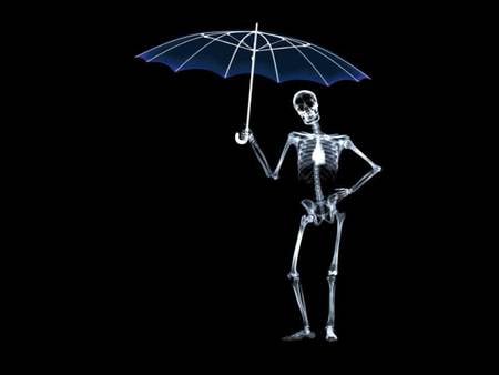 A Fine Day for Young Ducks - skelleton, umbrella, rainy, funny, skeleton, skull, bones