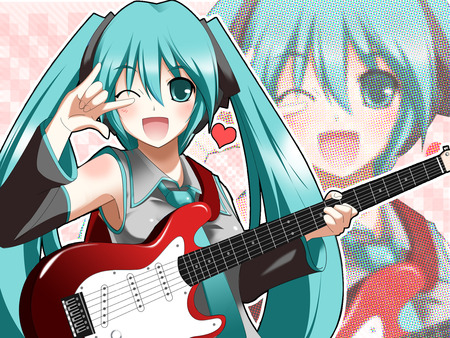 Miku Hatsune - guitar, vocaloid, blushing, smile, anime, miku