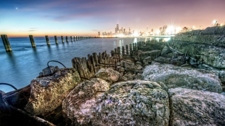 view of chicago from lake michigan shore hdr - pillars, shore, lights, hdr, lake, dusk, city, blocks