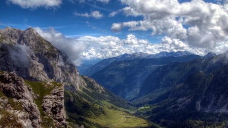 marvelous huge valley hdr - mountains, forests, road, houses, clouds, valley, hdr