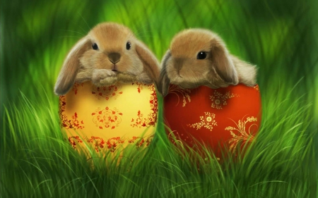 Easter Rabbits - eggs, holidays, artwork, halves, colors, grass