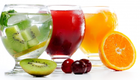 Drinks - three, juice, drink, kiwi, glasses, orange, cherry, drinks