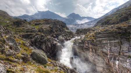 wondrous waterfall in a gorge hdr - gorge, clouds, hdr, mountains, waterfall, rocks