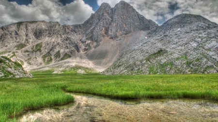 fabulous grass surrounded pond hdr - lake, mountains, clouds, hdr, grass