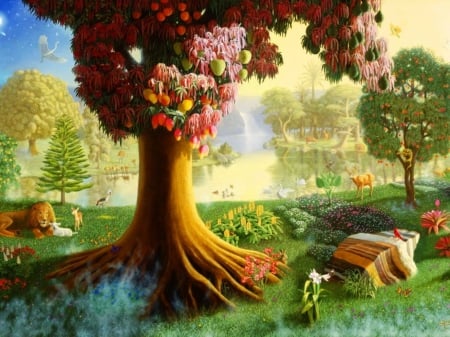 Peaceful Paradise Tree - lion, pears, artwork, deer, apples, oranges, birds