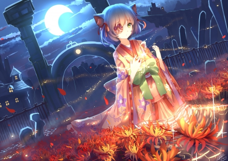 What's This? - clouds, moon, anime, eyepatch, catgirl, kimono, night, buildings, flowers, short hair, japanese clothes, sky