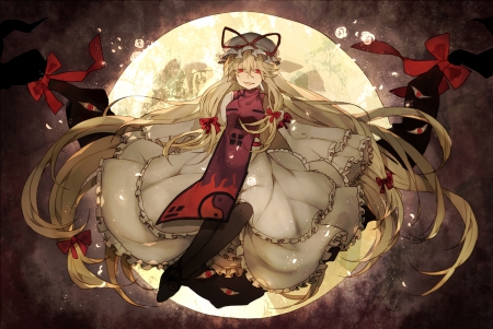 Full Moon - hat, moon, anime, dress, bows, blonde, night, long hair, red eyes, touhou, yakumo yukari, ribbons