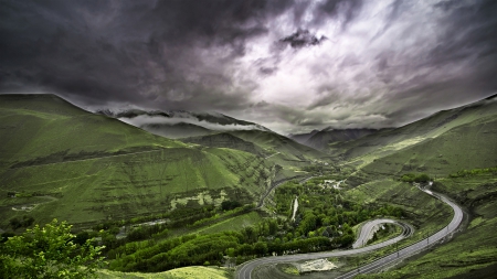 fantastic serpentine valley road in chalus iran - valley, clouds, serpentine, mountains, rod